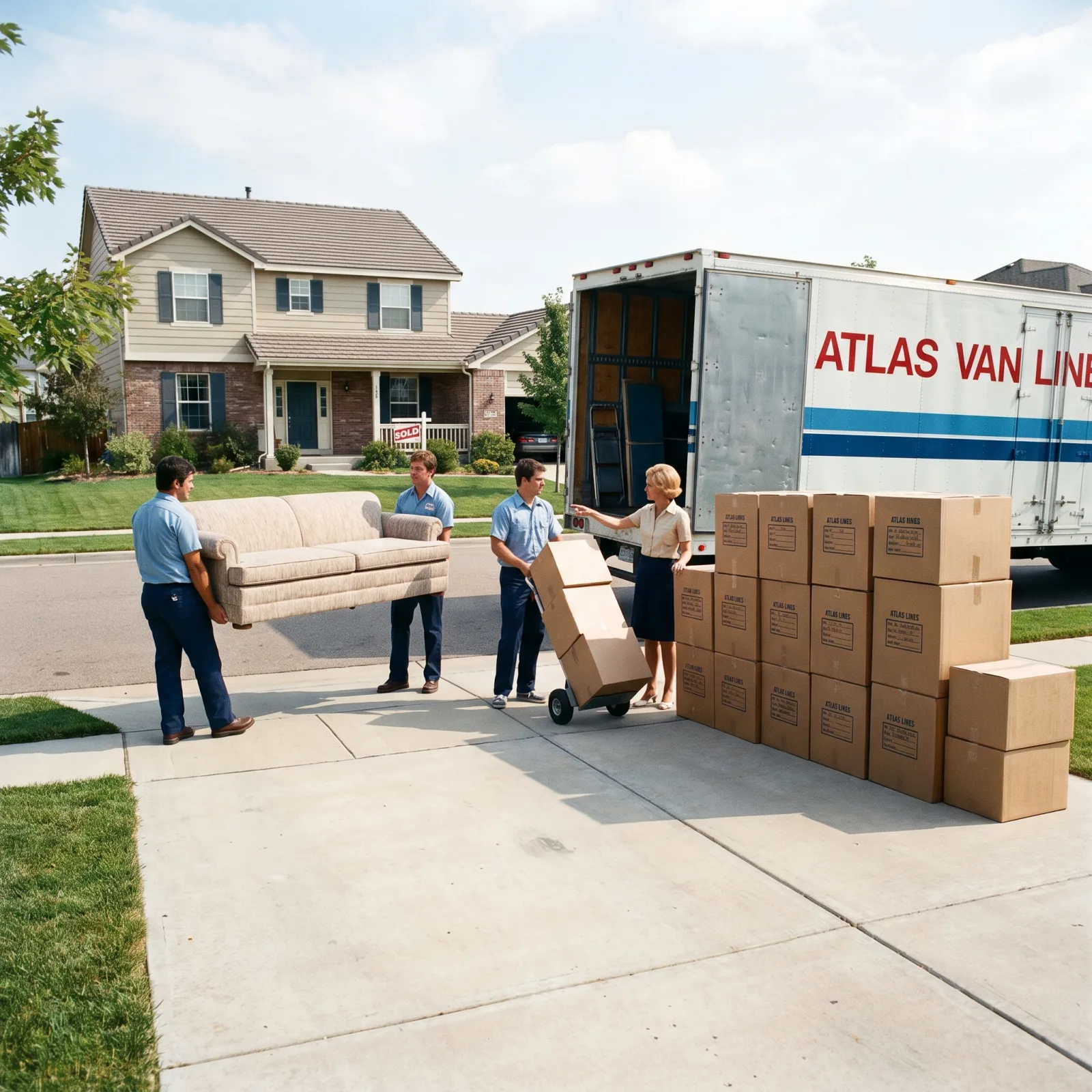 Moving crew loading furniture into a truck outside a suburban house during a cleanout